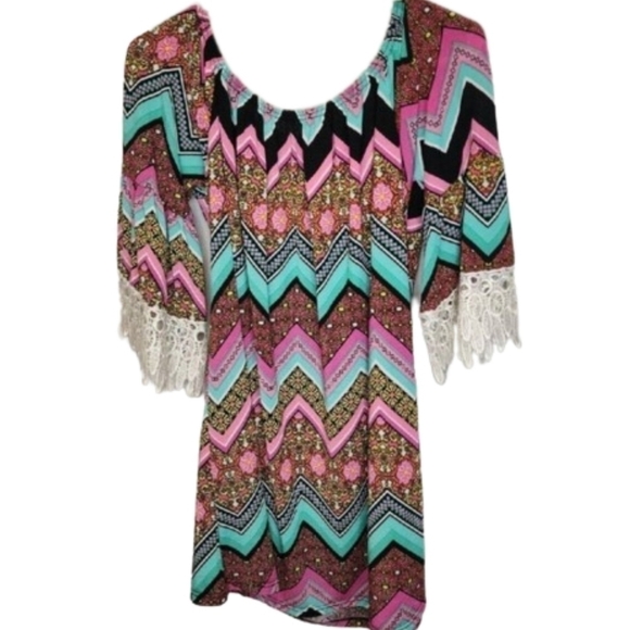 Chevron Top Tunic Boho Blouse Size XLarge 3/4 Lace Multi-Color Hippie Women's - Picture 1 of 8